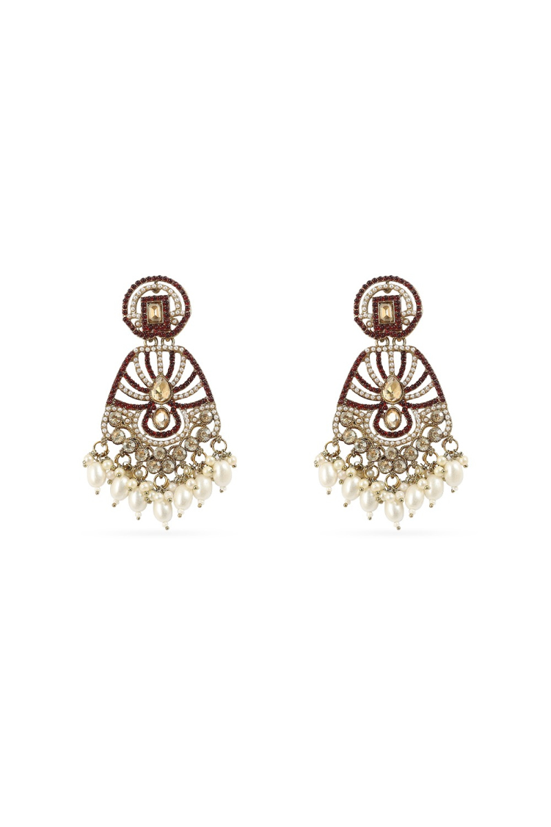 Dark Maroon Beaded Dangle Earrings with Gold-Plated Finish