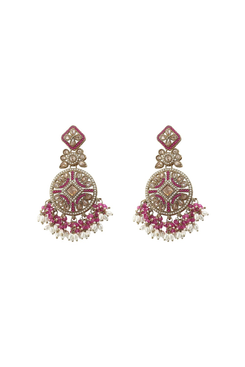 Rani Pink Beaded Dangle Earrings With Gold-Plated Finish