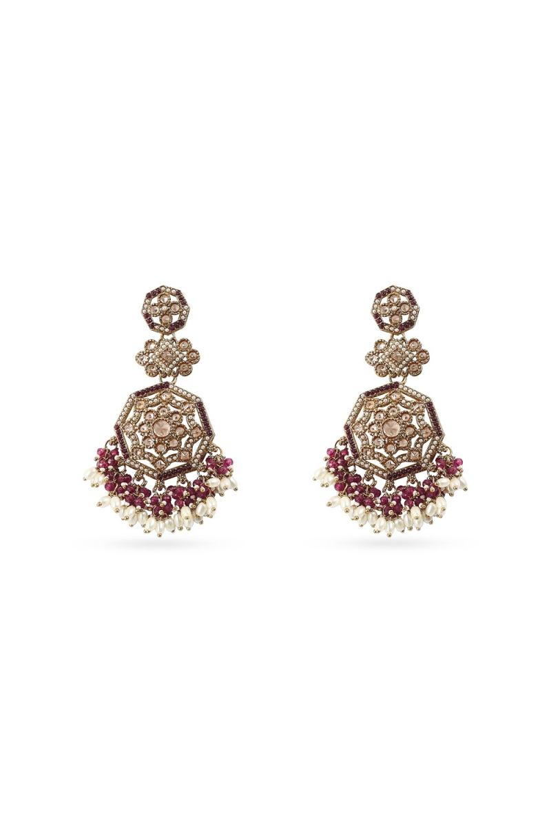 Dark Pink Stone Gold-Plated Alloy Dangle Earrings