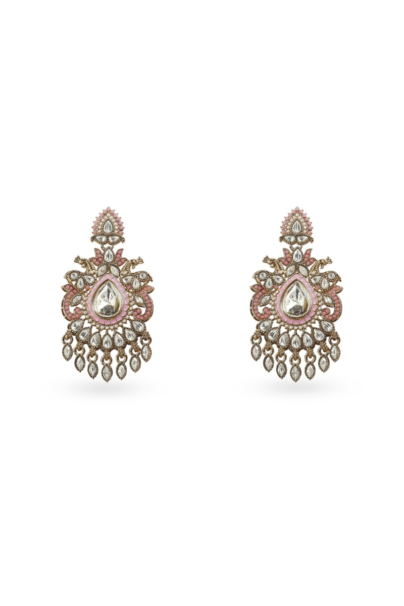 Pastel Pink Kundan Work Earrings with Gold-Plated Finish