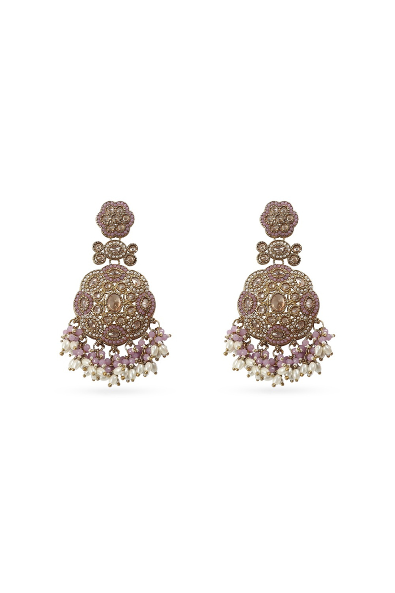 Elegant Light Pink Alloy Earrings with Pearl & Stone Work
