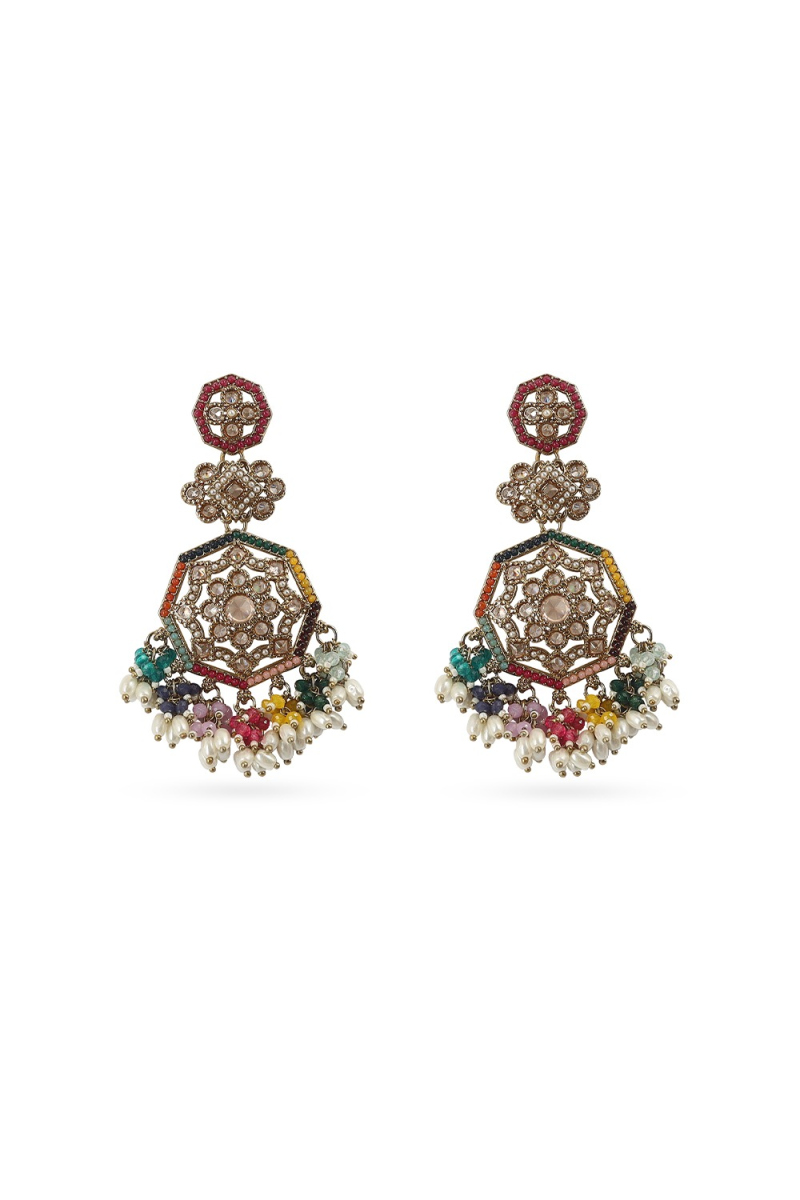 Multi Color Stone Dangle Earrings With Gold-Plated Finish
