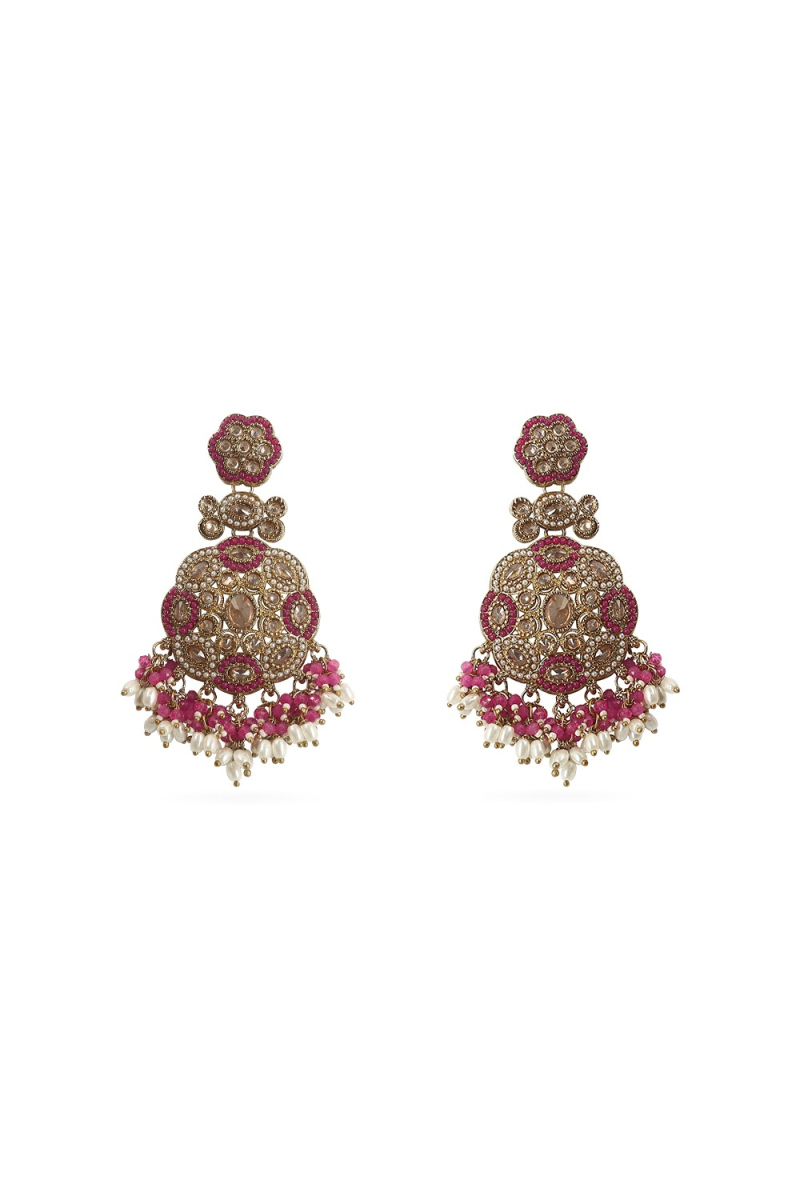 Dark Pink Beaded Dangle Gold Plated Earrings