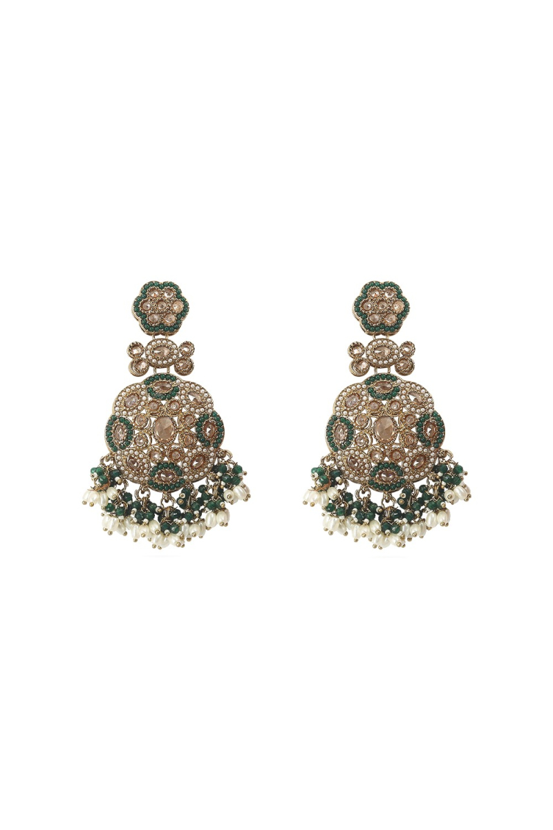 Alloy Earrings in Bottle Green with Stone & Pearl Detailing