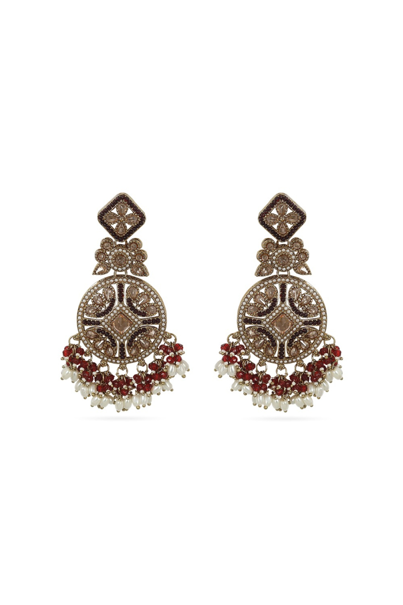 Maroon Beaded Gold-Plated Dangle Earrings