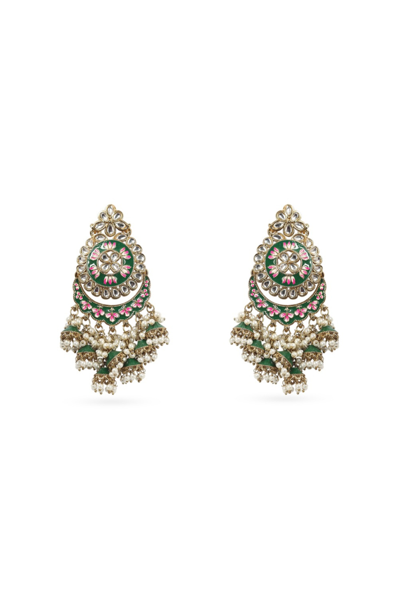 Dark Green Gold-Plated Beaded Dangle Earrings