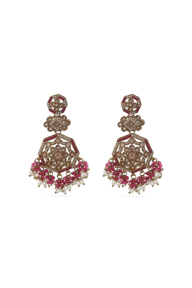 Dark Pink Stone Gold-Plated Dangle Earrings