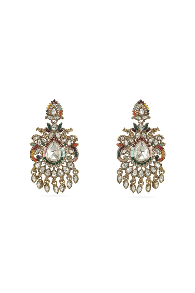 Multi Color Kundan Work Earrings with Gold-Plated Finish