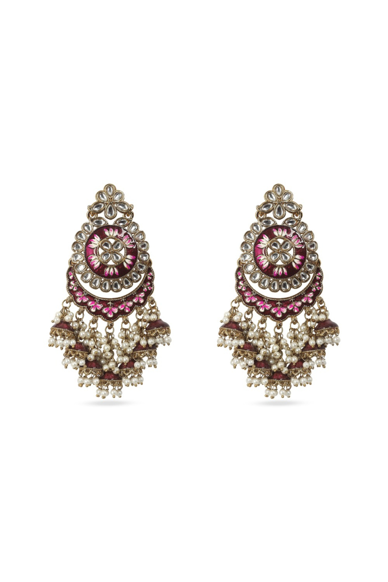Wine Maroon Gold-Plated Beaded Dangle Earrings