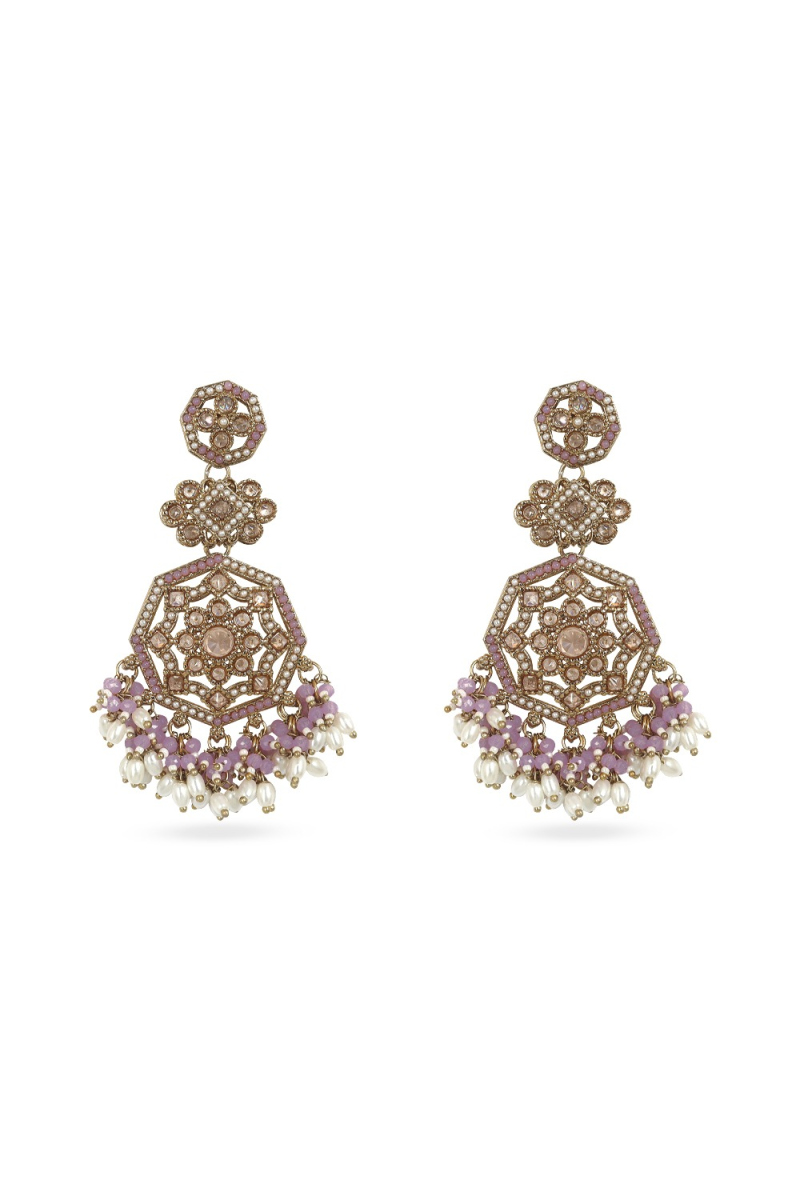 Lavender Pink Stone Dangle Earrings With Gold-Plated Finish