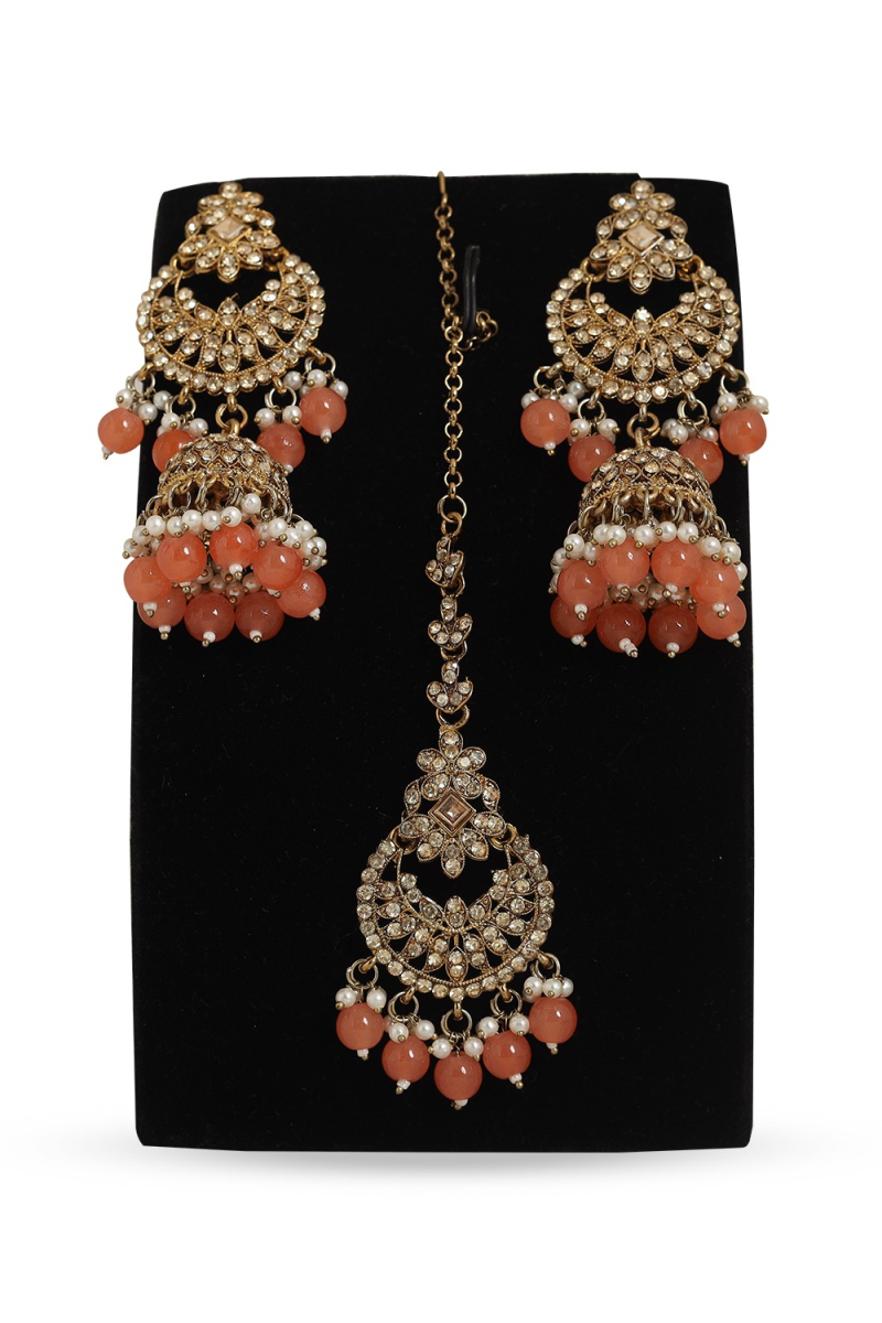 Orange Stone Jhumka Earrings With Maang Tikka