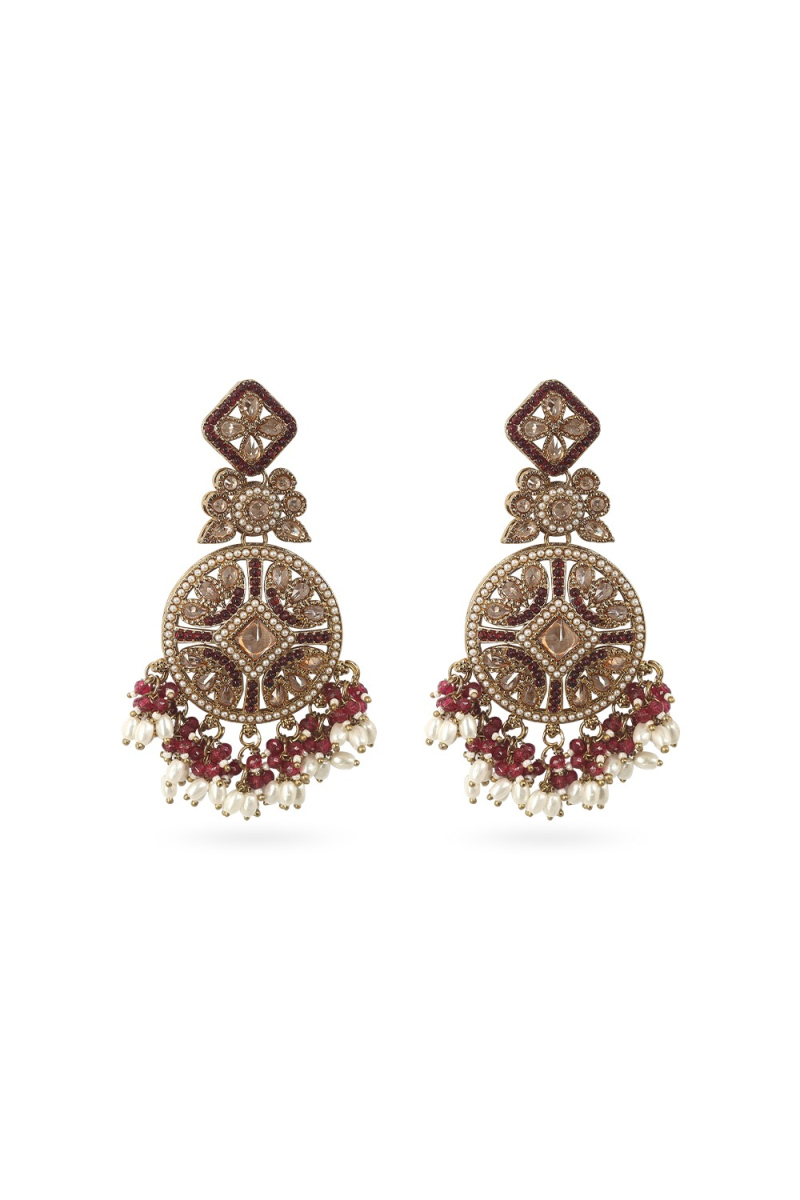 Magenta Pink Beaded Dangle Earrings With Gold-Plated Finish