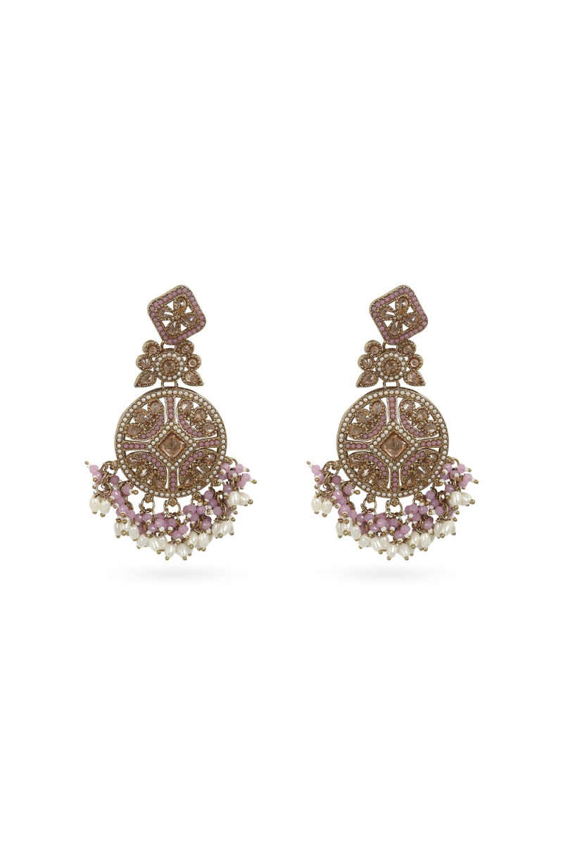 Mauve Beaded Dangle Earrings With Gold-Plated Finish