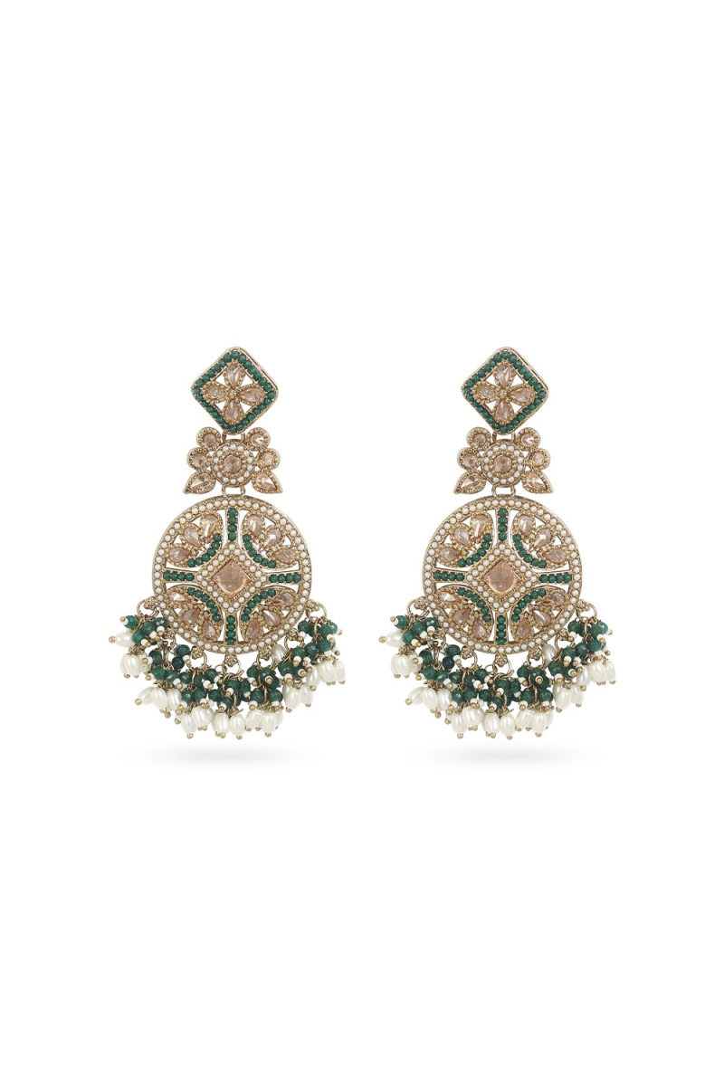 Bottle Green Gold-Plated Earrings with Pearl & Beads