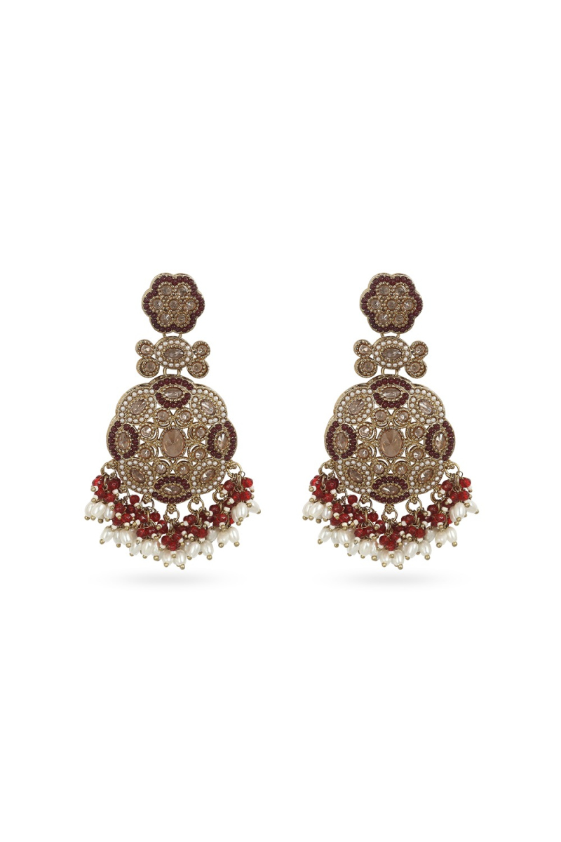 Maroon Beaded Dangle Earrings With Gold-Plated Finish