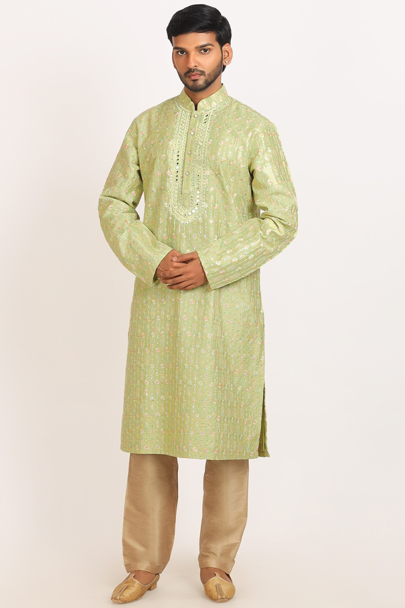 Pistachio Green Embroidered Dupion Silk Men's Kurta Pajama