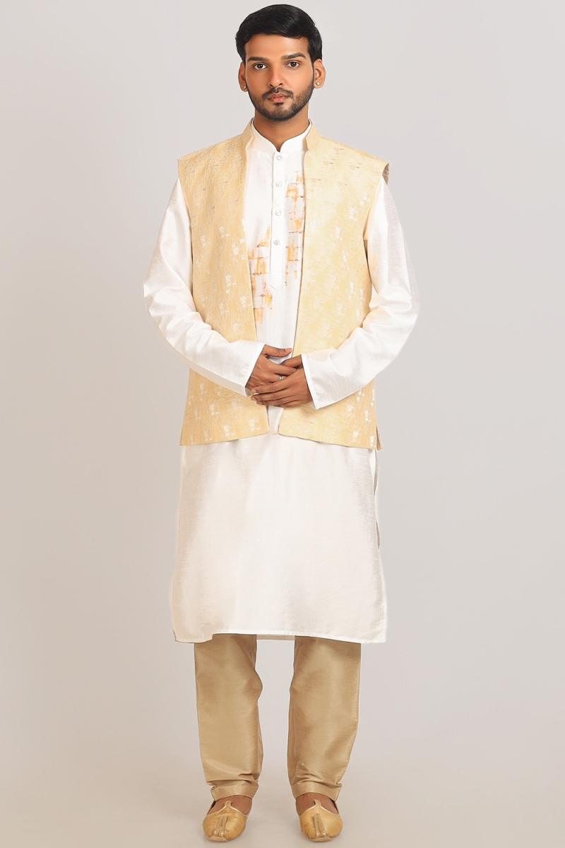 Printed Off White Cotton Silk Men's Jacket Style Kurta Pajama