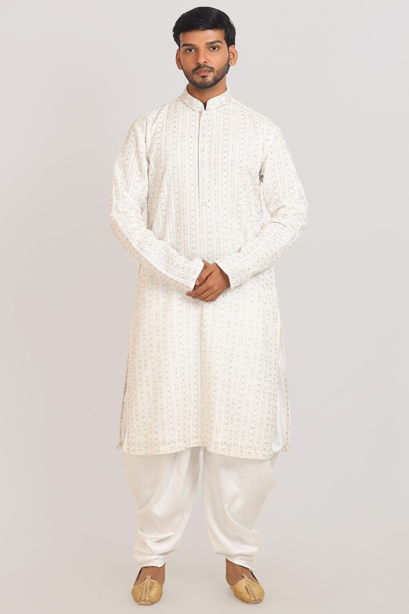Embroidered Georgette White Men's Straight Cut Kurta With Dhoti Pants