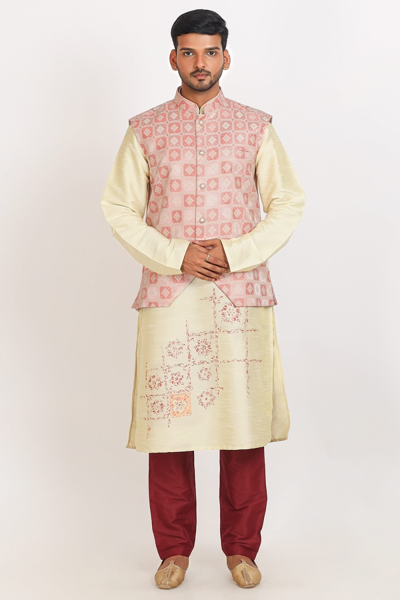 Printed Light Beige Dupion Silk Men's Jacket Style Kurta Pajama
