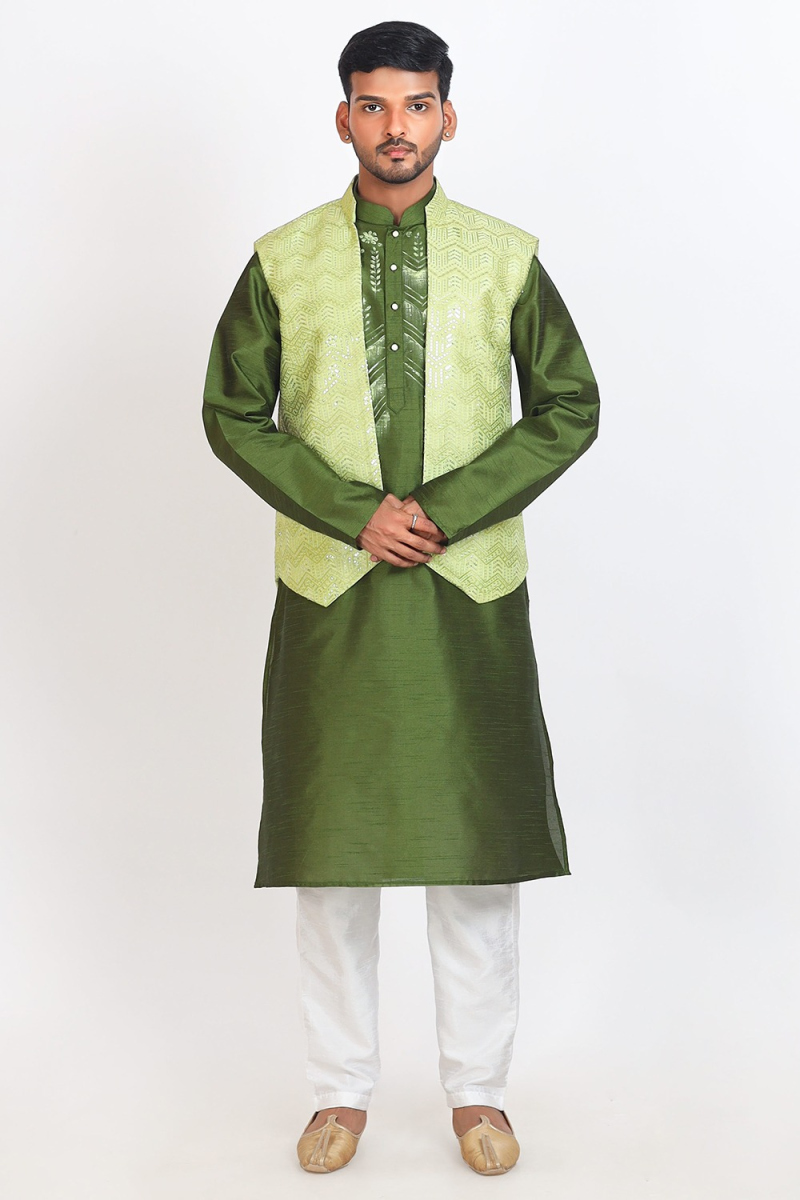 Printed Olive Green Dupion Silk Men's Jacket Style Kurta Pajama