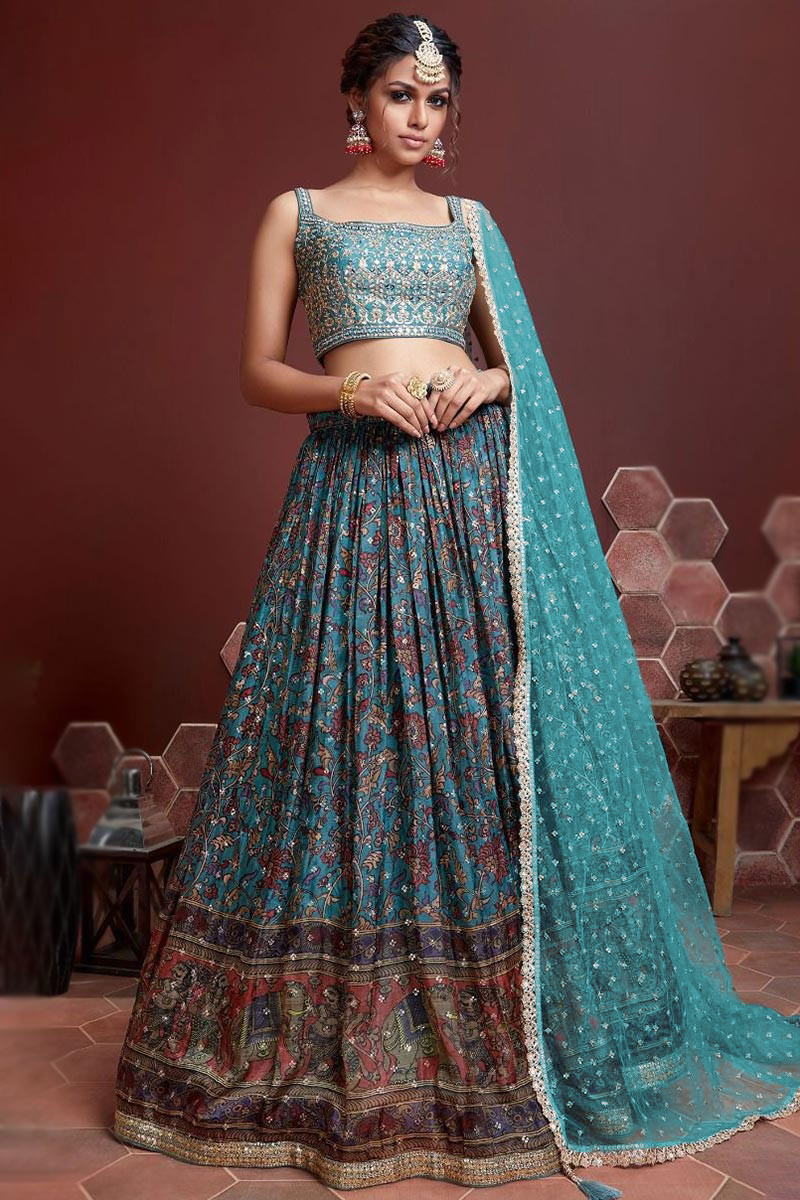 Buy Turquoise Green Net Embroidery A Line Lehenga Party Wear Online at Best  Price | Cbazaar
