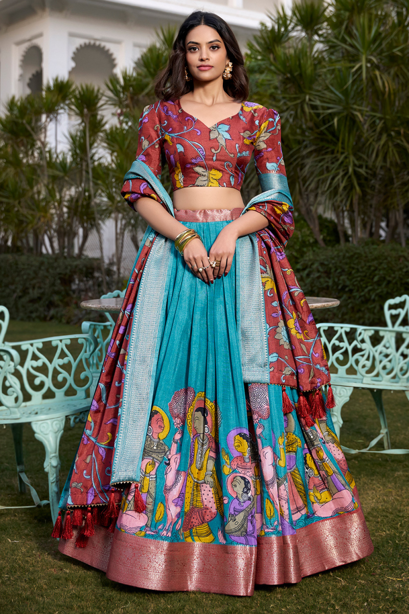 Aqua Blue Silk Printed A Line Lehenga 
