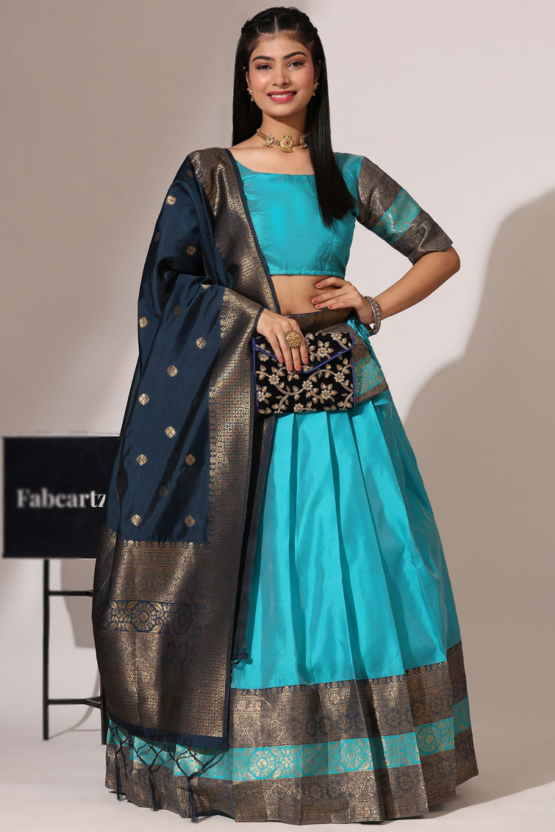 Aqua Blue Silk Woven Zari Flared Style Lehenga