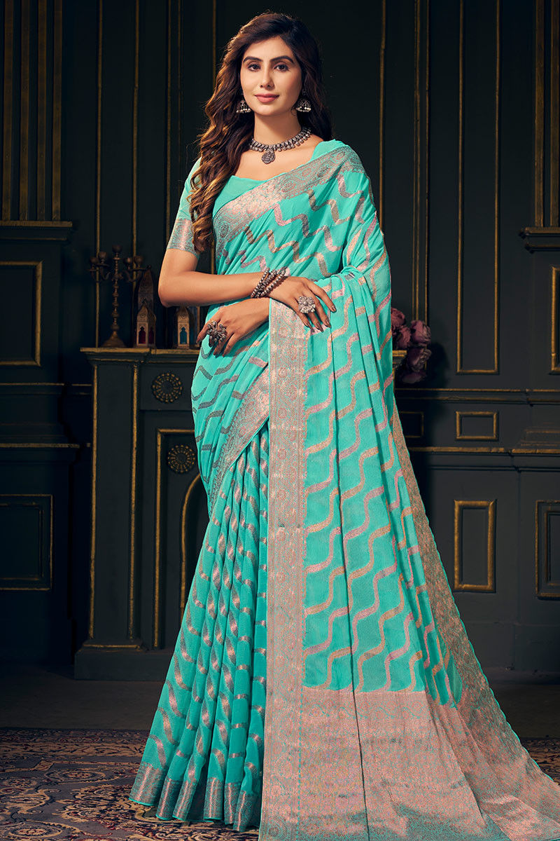 Aqua Blue Woven Zari Chiffon Broad Border Saree