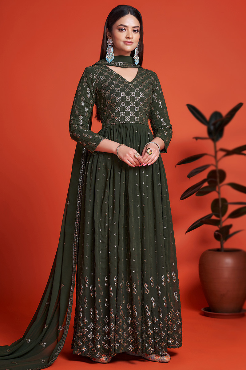 Online Shopping Army Green Anarkali Suit with Sequins Work LSTV122656