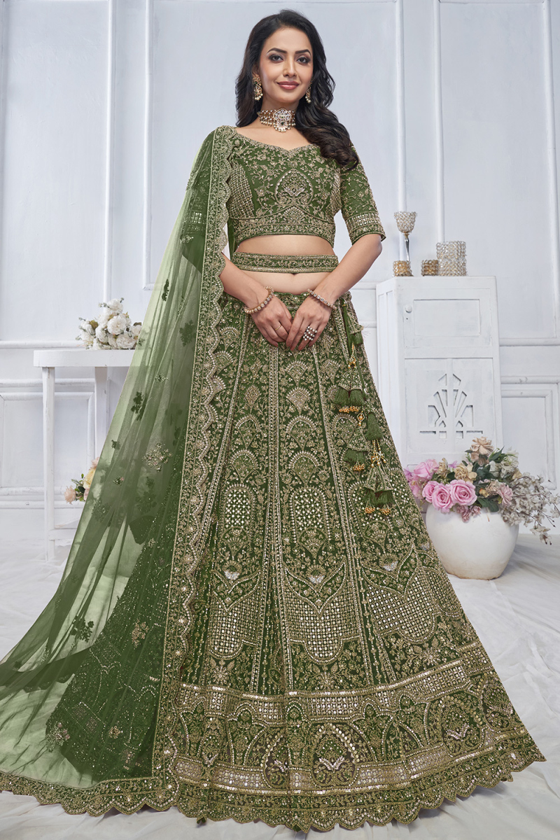 Army Green Net Resham Embroidered Panelled Style Lehenga
