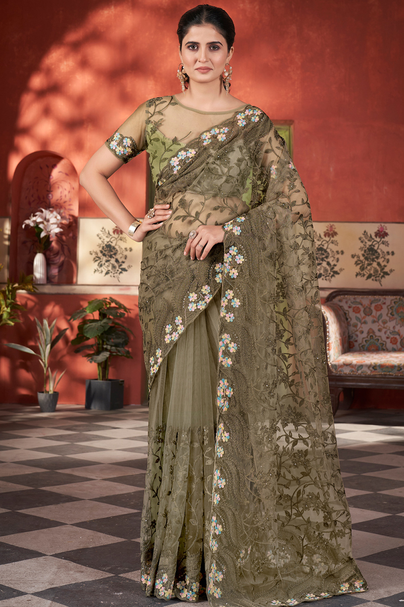 Army Green Net Saree with Stone Work for Wedding