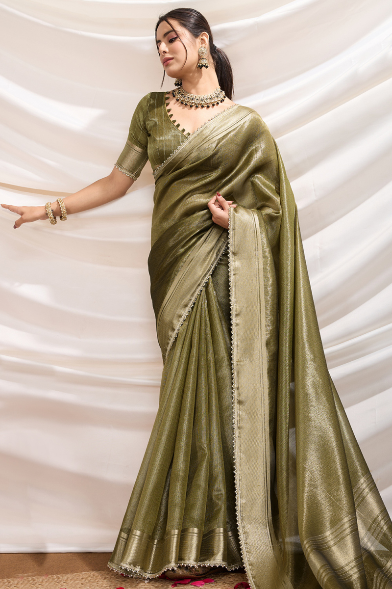 Army Green Tissue Saree with Woven Zari Work for Diwali Festive