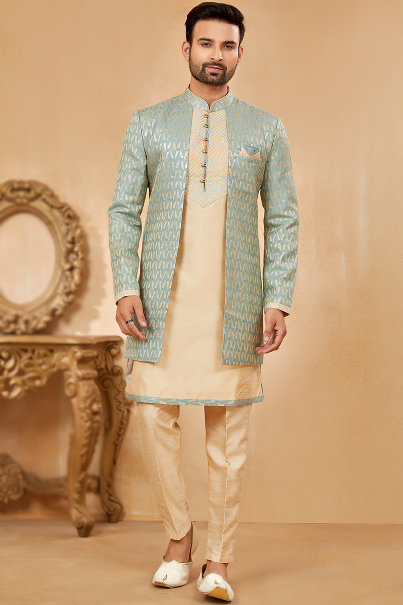 Art Silk Beige Weaved Jacket Style Men s Kurta Pajama MKPA05563