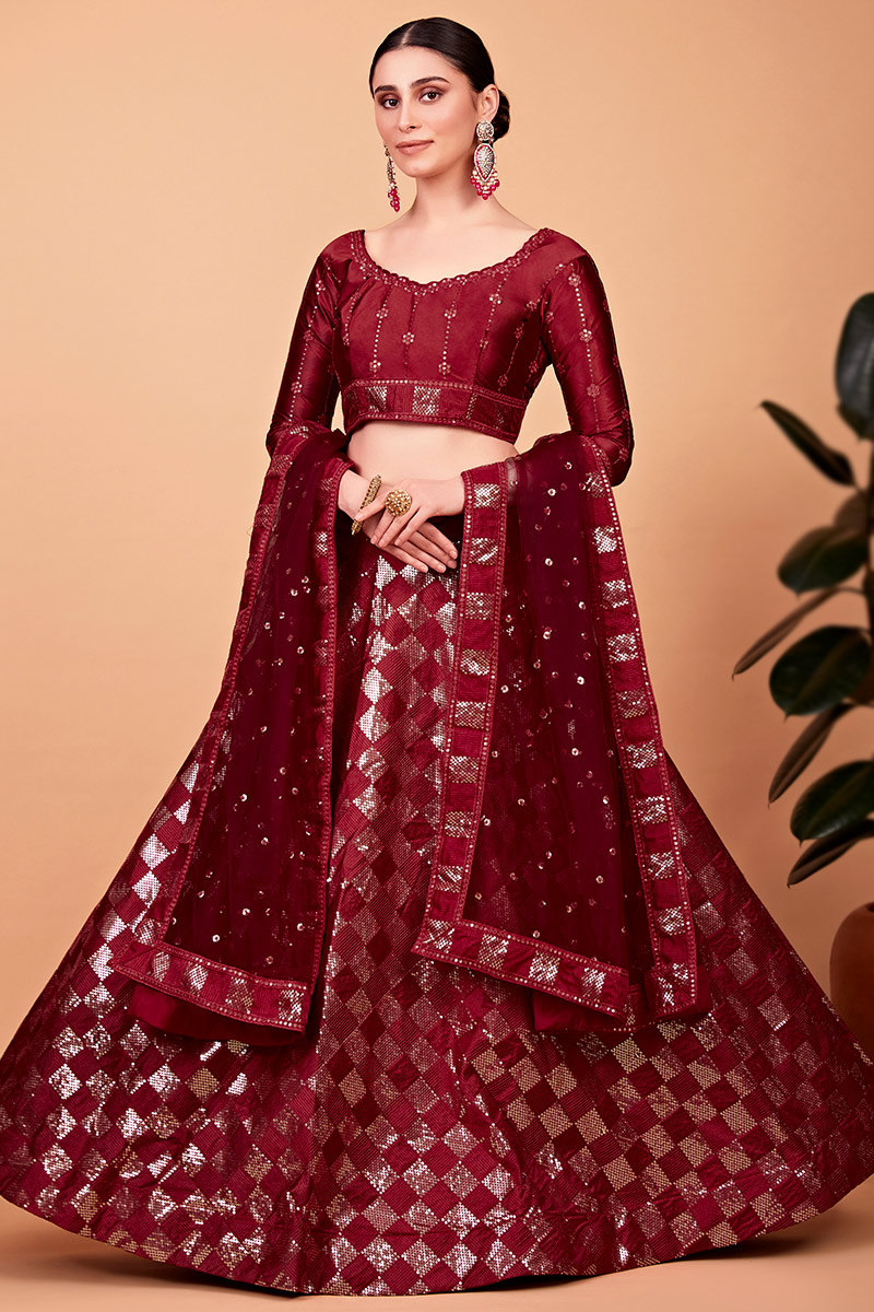 Art Silk Burgundy Maroon Embroidered Flared Style Lehenga