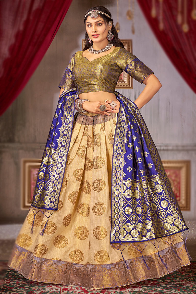 Art Silk Dark Beige Zari Weaved Flared Style Lehenga