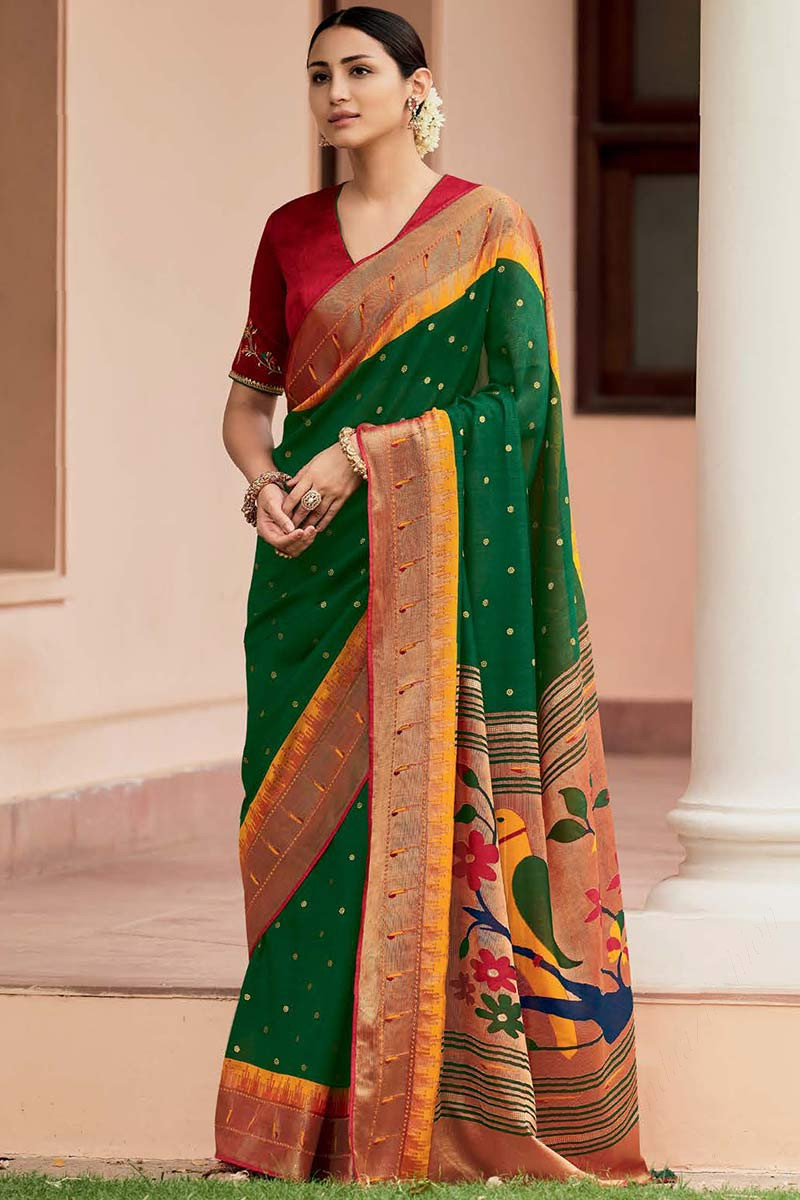 Soft Mint Abstract Woven Designer Saree with Dark Green Embroidered Blouse  | TST | The Silk Trend