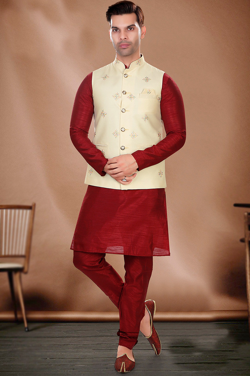 Art Silk Deep Red Jacket Style Men s Kurta Pajama