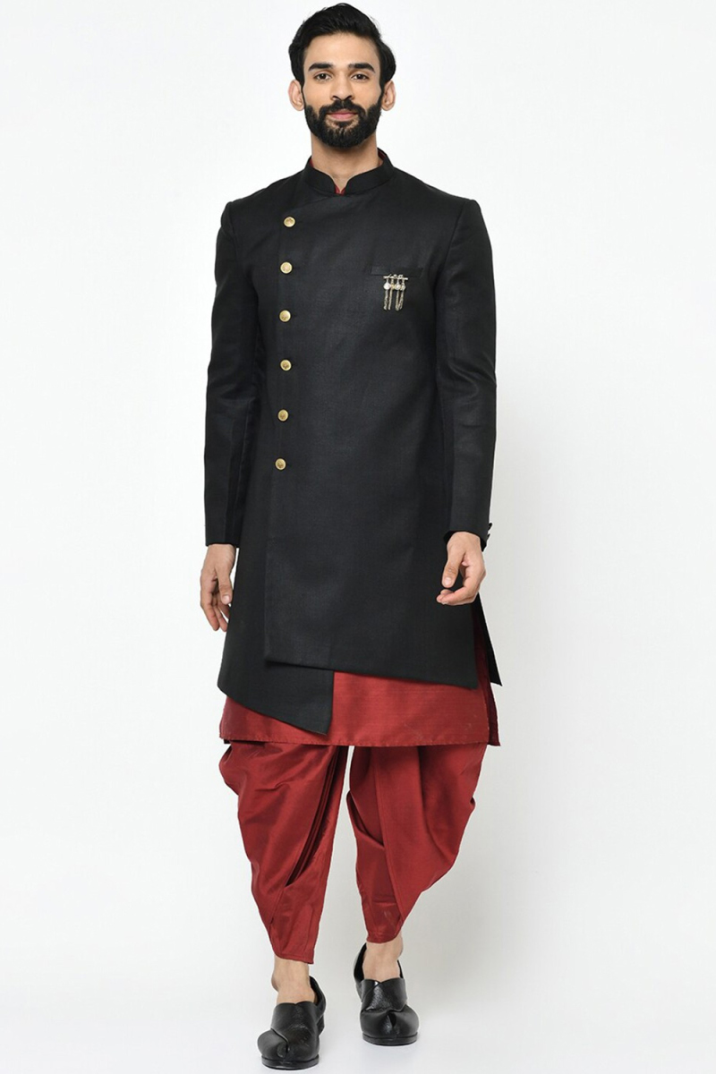 Art Silk Deep Red Men's Jacket Style Kurta With Dhoti Pant