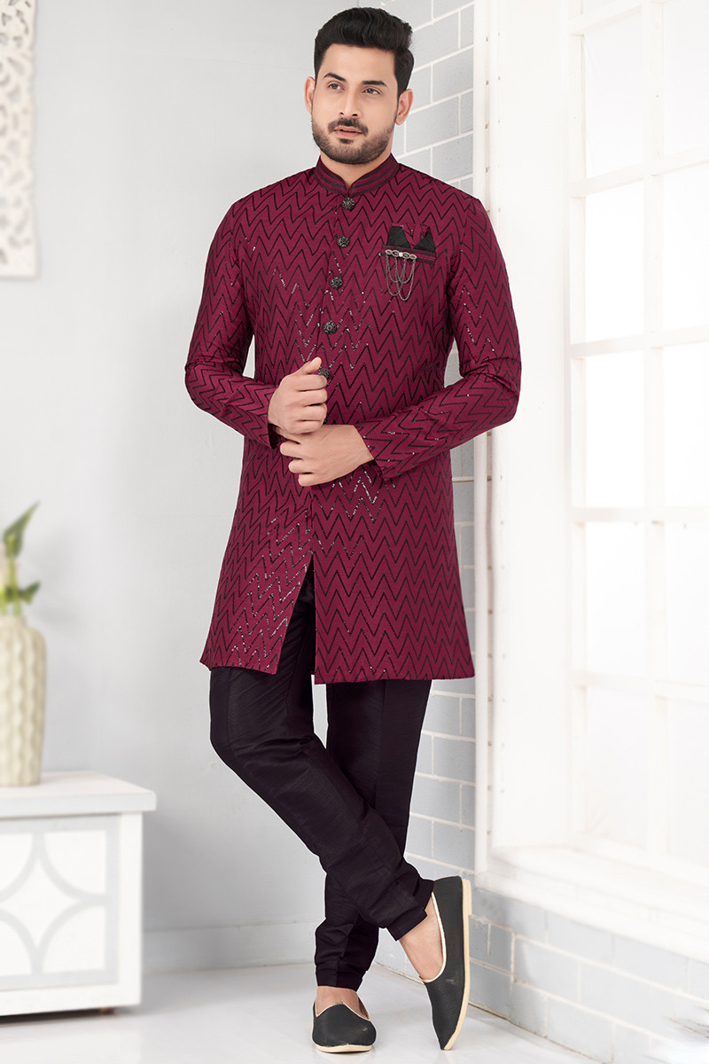 Art Silk Embroidered Burgundy Maroon Straight Cut Men s Sherwani