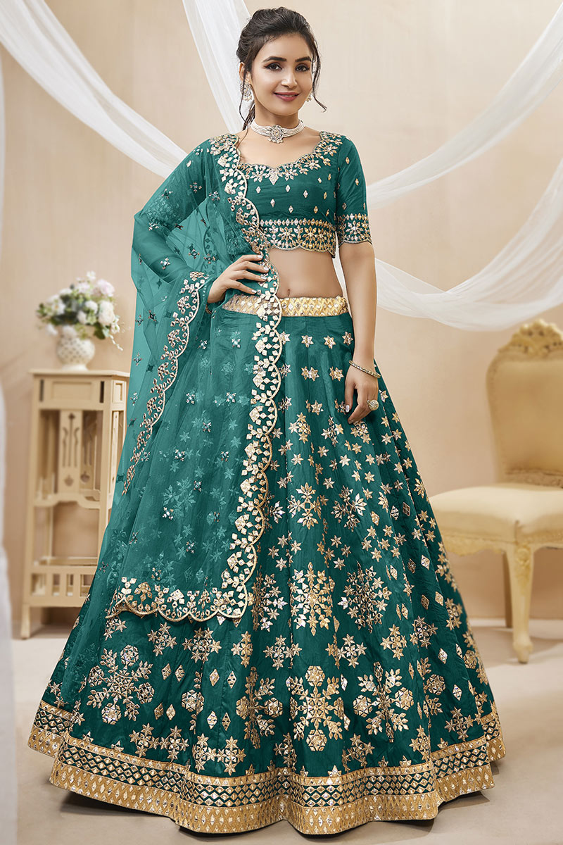 Art Silk Embroidered Teal Green Lehenga