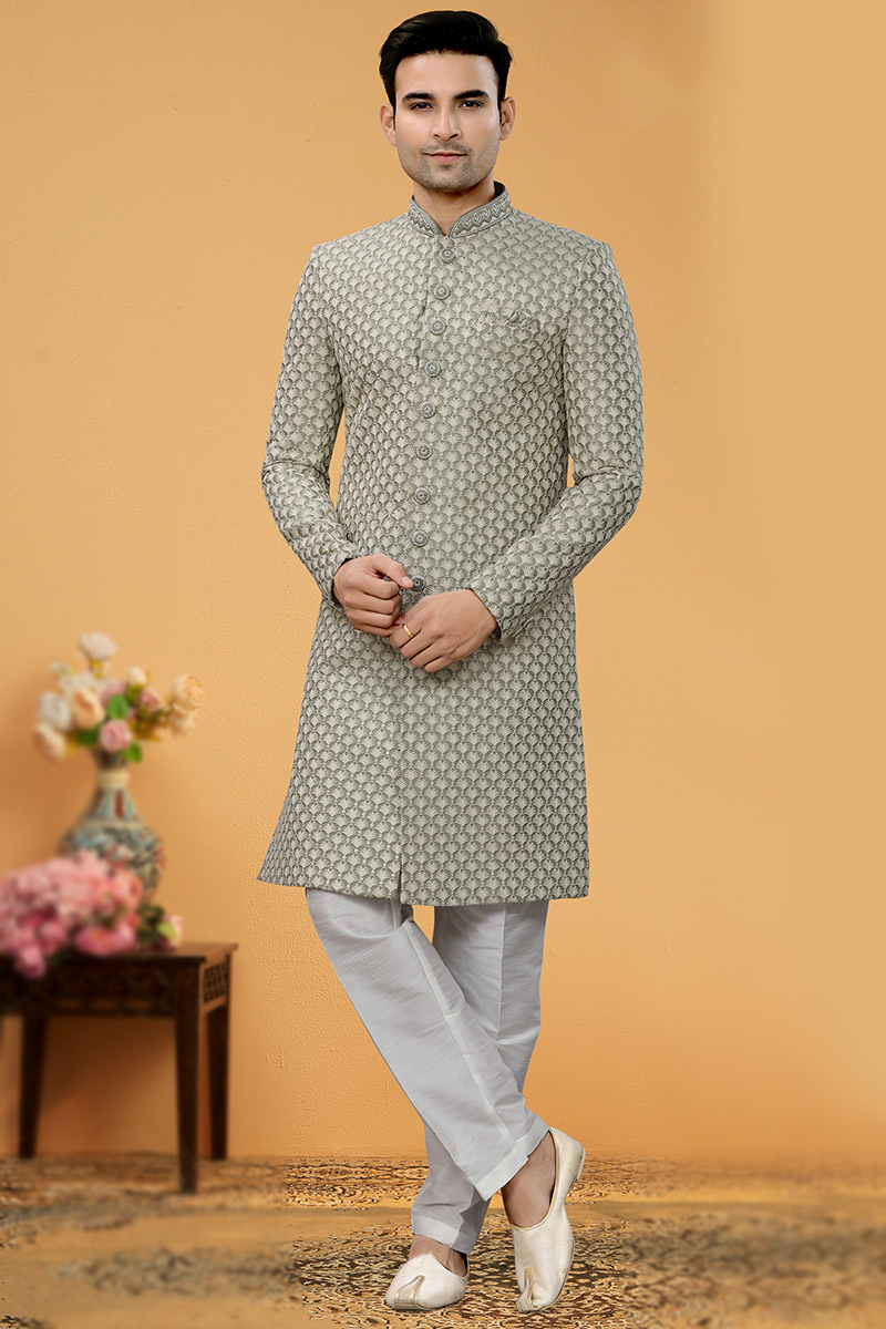 Art Silk Greenish Grey Embroidered Men Sherwani