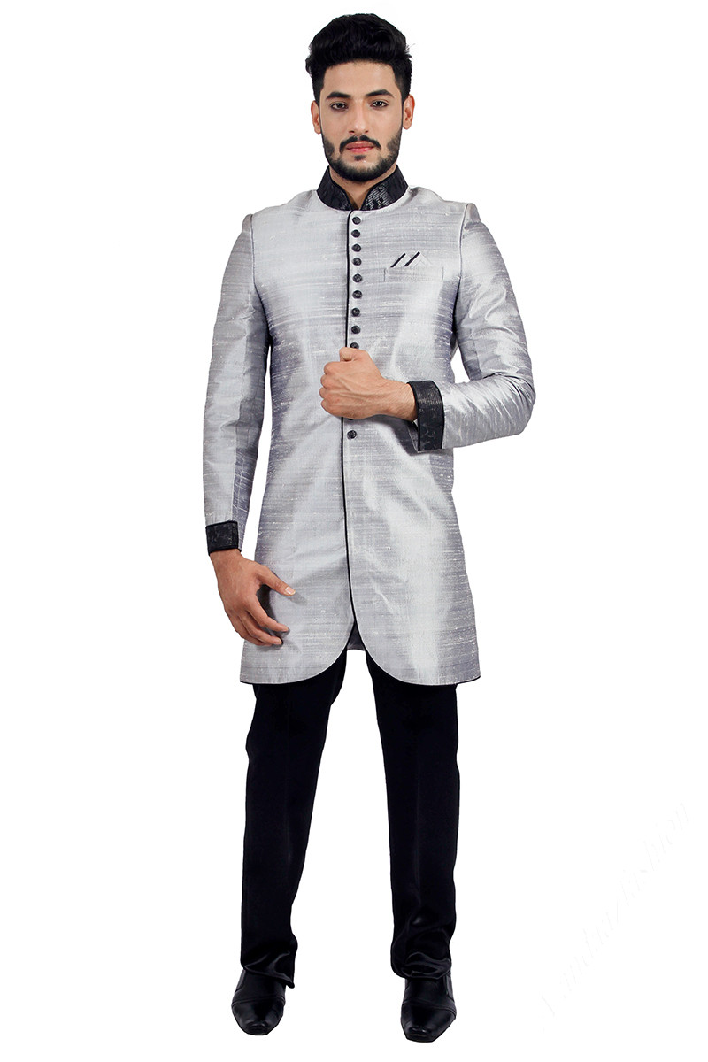 Art Silk Grey Men Sherwani With Pajama