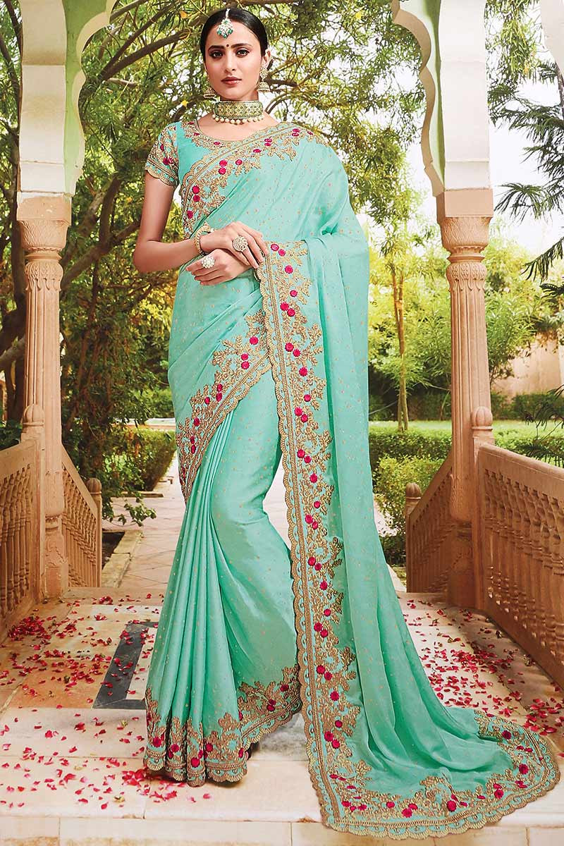 Blue with green wedding silk saree – Thenianantham