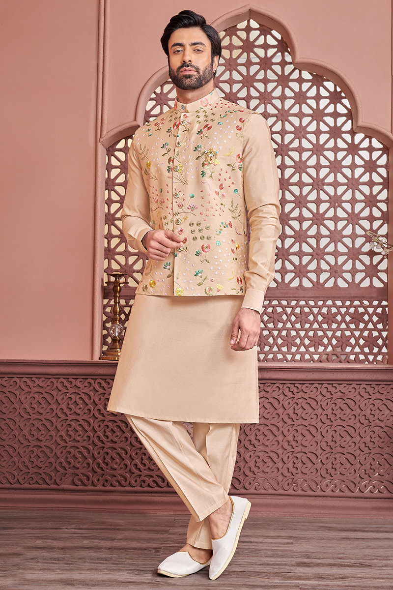 Art Silk Light Peach Plain Jacket Style Men s Kurta Pajama