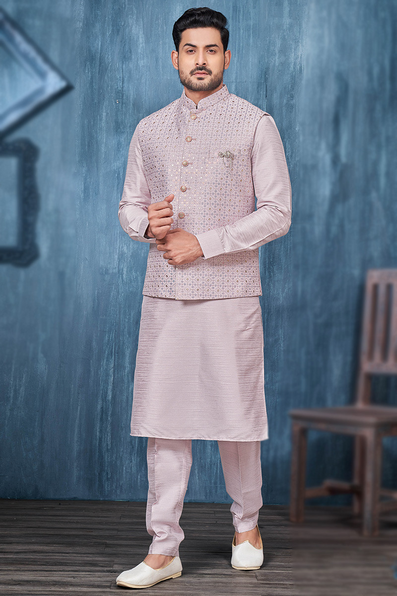 Art Silk Mauve Pink Jacket Style Men s Kurta Pajama MKPA06361