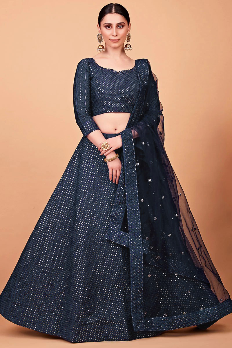 Art Silk Navy Blue Embroidered Flared Style Lehenga 