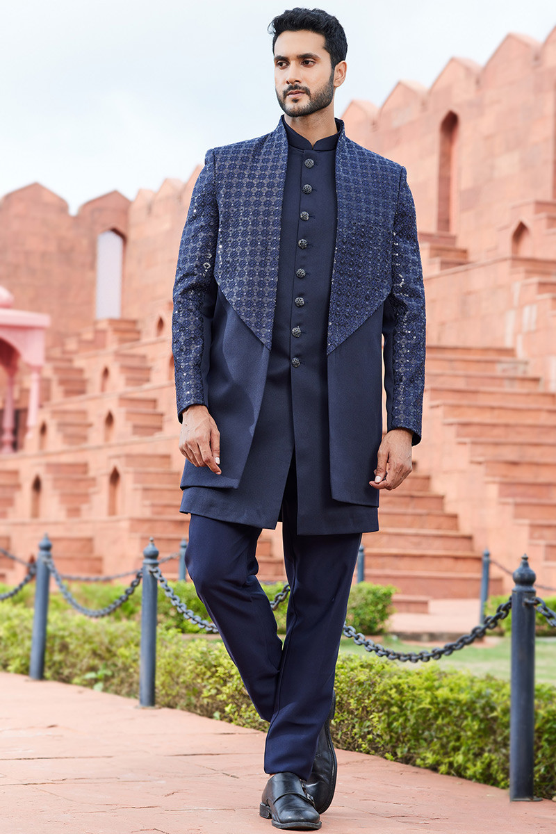 Art Silk Navy Blue Embroidered Jacket Style Men s Sherwani MSTV03253