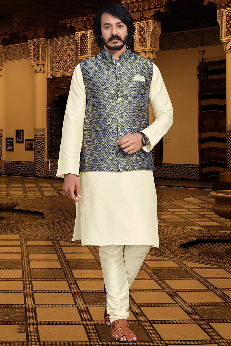 Art Silk Off White Men Kurta Pajama With Navy Blue Waistcoat MKPA04717