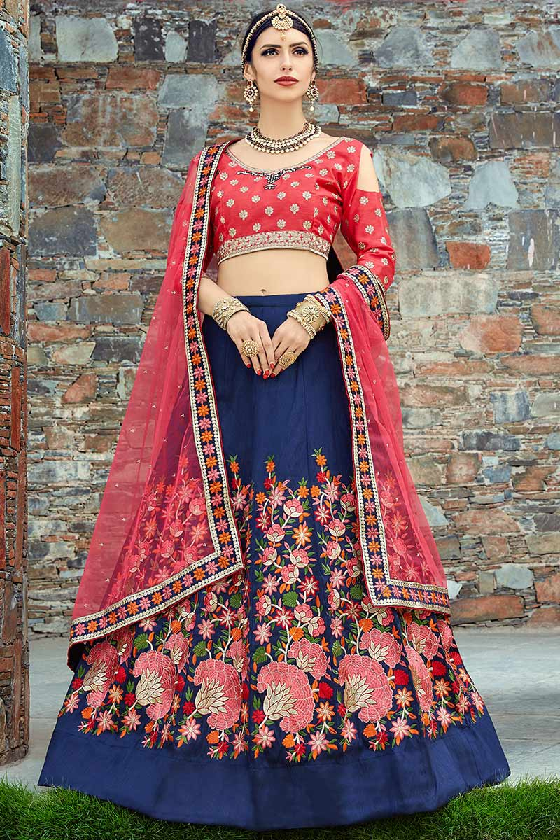 Art Silk Party Wear Lehenga Choli In Navy Blue Color