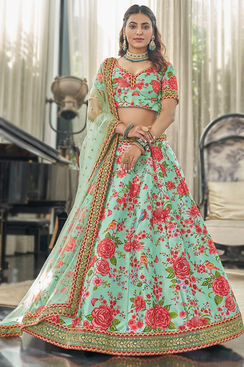 Art Silk Printed Seafoam Green Panelled Style Lehenga